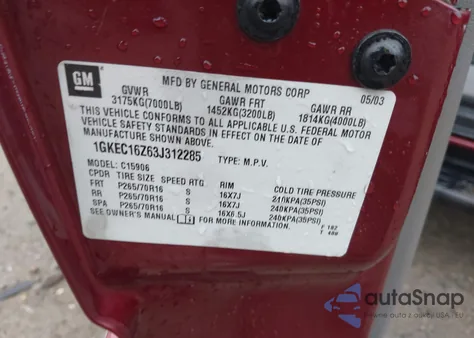 2003 GMC Yukon Xl C1500 from USA, damaged, VIN 1GKEC16Z63J312285